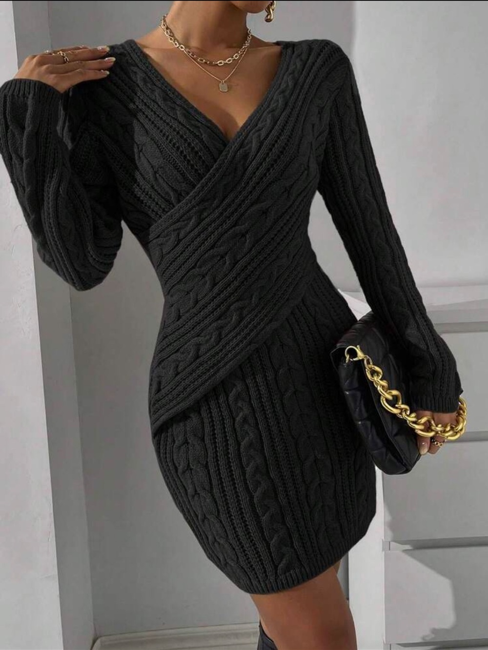 NWOT: Cable Knit Wrap Sweater Dress in dark gray